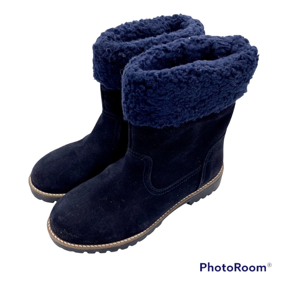 Anthropologie Louise Navy Suede Faux Shearling Cuff Lug Sole Ankle Boot EU 38